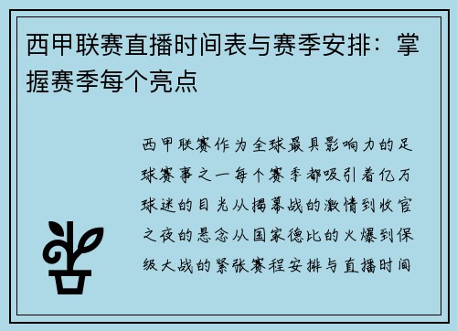 西甲联赛直播时间表与赛季安排：掌握赛季每个亮点